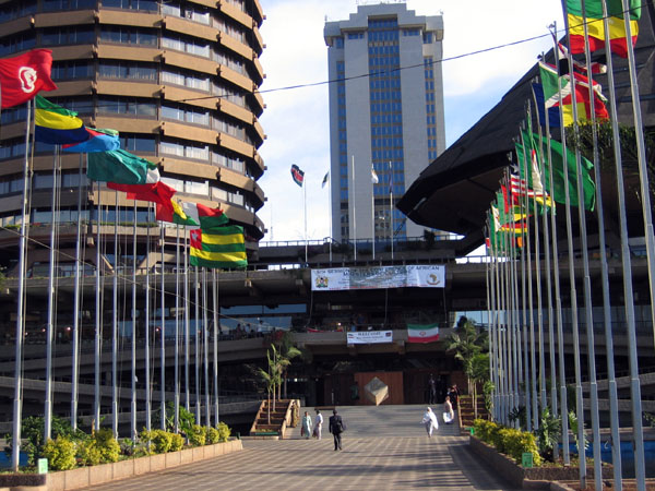 Kenyatta Conference Centre with flags flying for a meeting