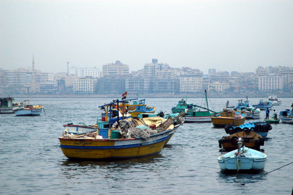 Fishing boats moored off the Alexandria Corniche