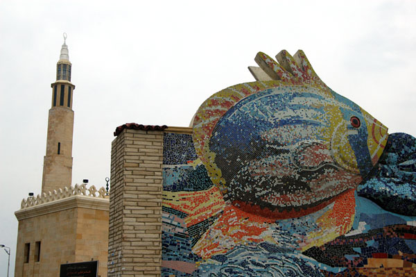 Oversized fish mosaic and the Mohammed Saeed Fars mosque, Alexandria Corniche
