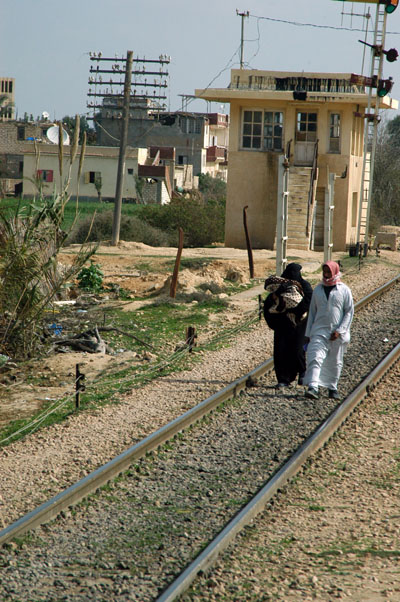 Pedestrians walking along the tracks