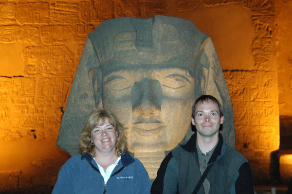 Debbie and Roy with the head of Ramses II, Luxor Temple
