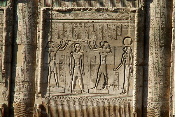 Horus and Thoth annointing Pharoah with the Key of Life in the presence of Sekhmet
