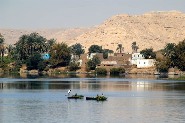 Fishing boats and an Egyptian village