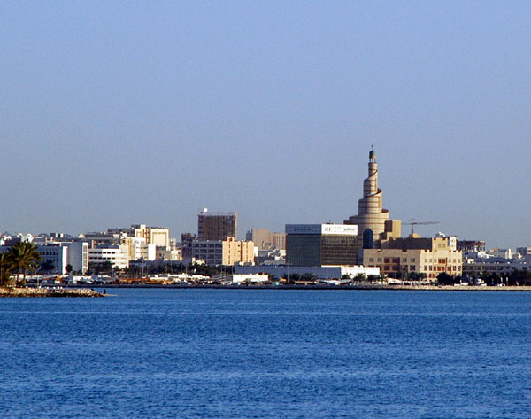 South bank of Doha Bay with the spiral minaret of the Kassem Darwish Fakhroo Islamic Centre