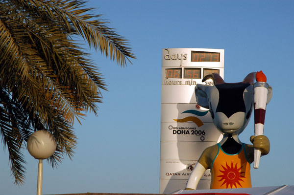 Giant version of Orry, the 2006 Asian Games mascot with countdown clock on the Corniche