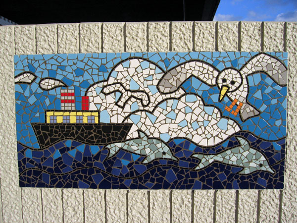 Port of Kobe ship and seagull mosaic