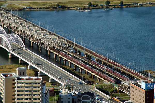 Railroad and car bridges across the Yodogawa River, Osaka