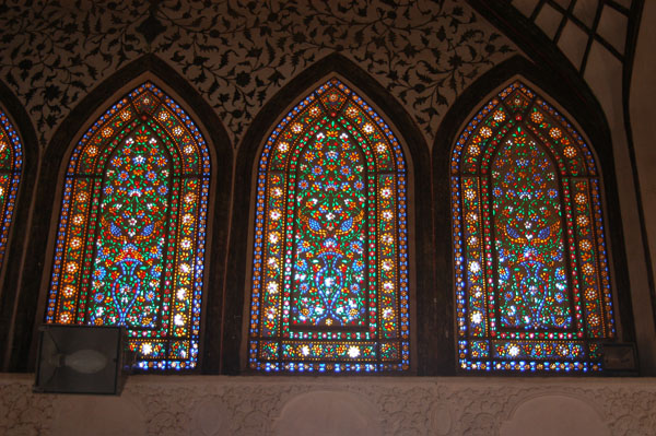 Stained glass windows in the main hall, Khan-e Tabatabei, Kashan