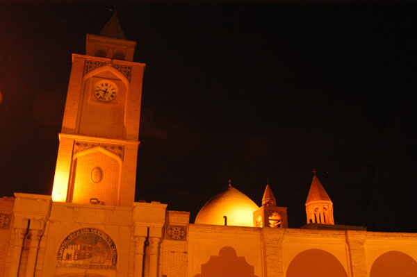 Vank Cathedral clock tower and dome at night