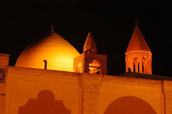 Vank Cathedral church dome and bell tower at night