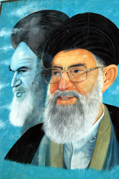 Khomeini over Supreme Leader Ayatollah Ali Khamenei's shoulder, Tehran