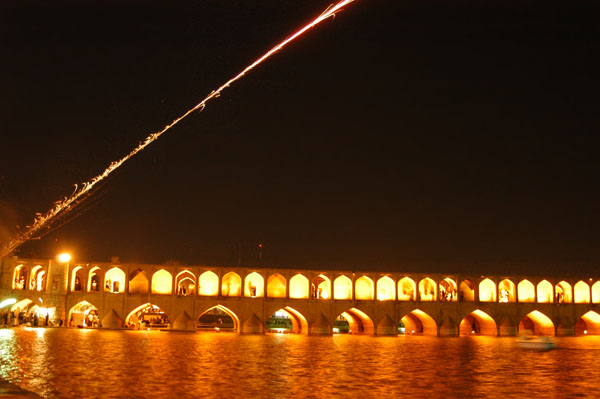 Roman candles with the Bridge of 33 Arches, Isfahan