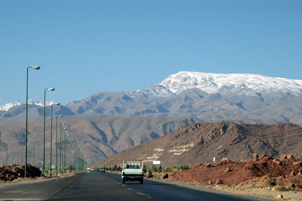 Snow covered Shir Kuh (Lion Mountain - 4075m) in the mountains just outside Yazd heading for Shiraz