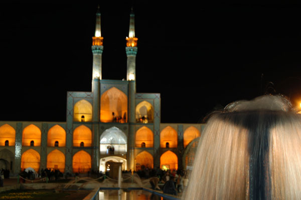 Amir Chakhmaq and fountain at night