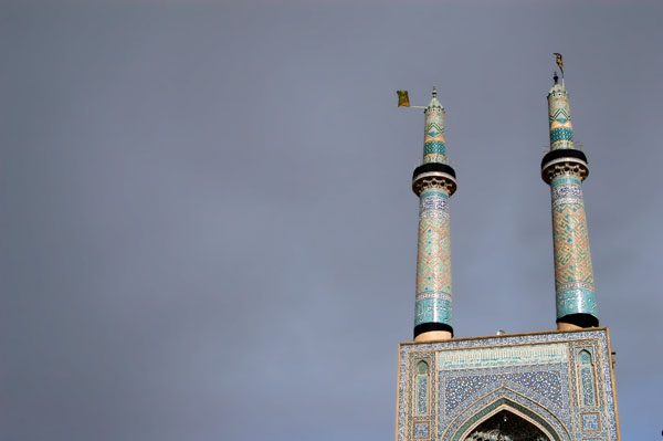 Distinctive twin minarets - 48m - of the Jameh (Friday) mosque of Yazd
