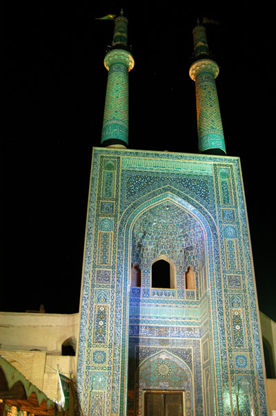 Eastern gate illuminated at night, Jameh Mosque, Yazd