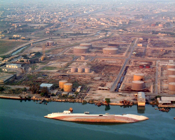 Oil refinery with shipwreck, Basrah, Iraq
