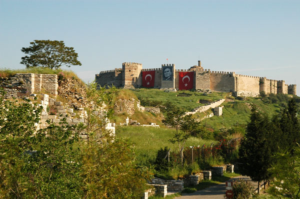 Citadel of Seluk on a hilltop seen from the terrace of the Hotel Bella