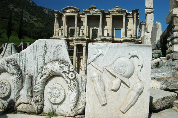 Carvings in front of the Library of Celsus