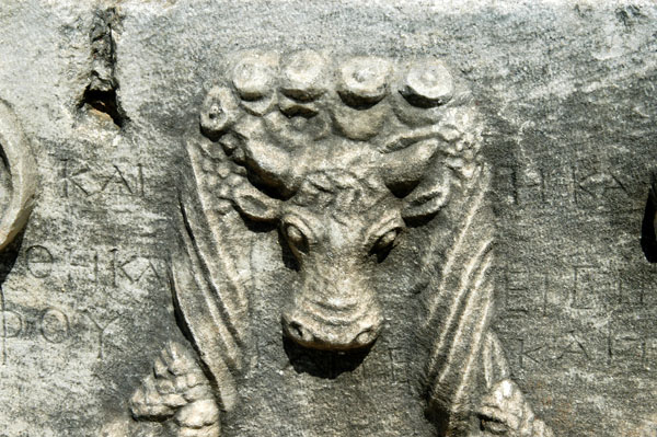 Detail of a bull's head on a sarcophagus