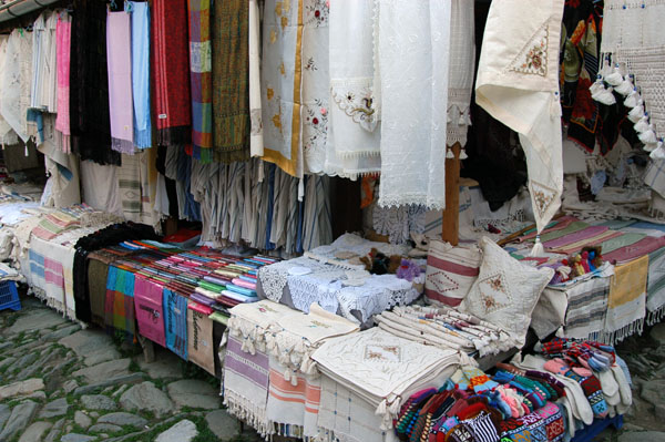 Textile stalls along the narrow streets of Şirince run by local women