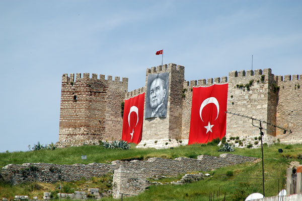 Citadel of Seluk with Turkish flags and Ataturk's portrait