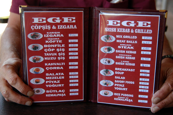 The menu at Ege Kftecisi, Seluk