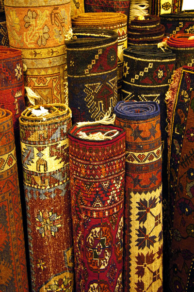 Turkish carpets rolled up