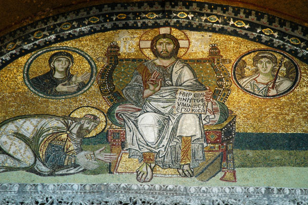 Mosaic of Christ as Pantocreator, 9th C. with Emperor Leon VI kneeling (886-912), the Virgin Mary and Archangel Gabriel