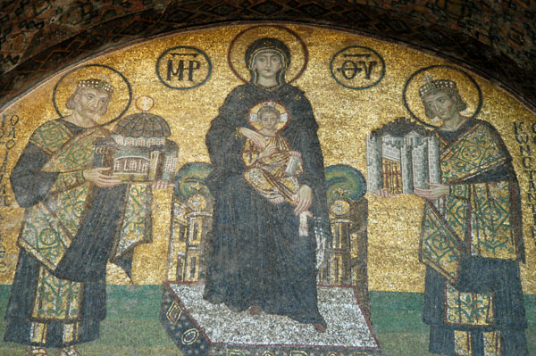 The Virgin Mary between Constantine (rt) presenting Constantinople and Justinianus presenting the Hagia Sophia, 10th C.