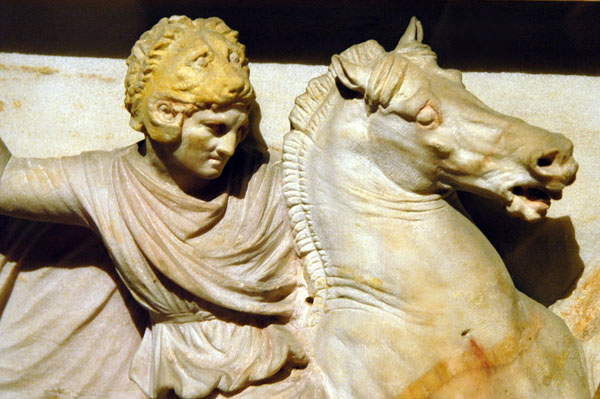 Alexander the great wearing a lion headress which still retains some of its ancient coloring