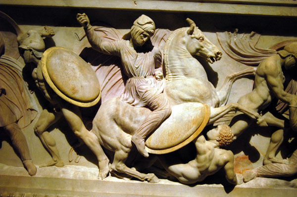Scene depicting the Battle of Gaza (312 BC) in which Abdalonymos (mounted) is killed