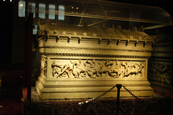 The side of the Alexander Sarcophagus from the Royal Necropolis of Sidon depicting the Lion Hunt