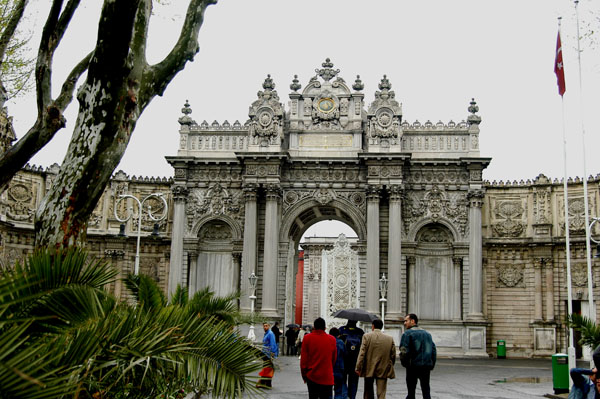 Main gate to Dolmabahce Palace on a rainy day