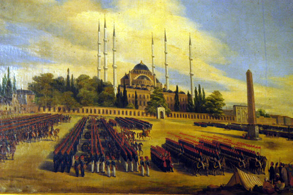 Ottoman troops on parade at the Hippodrome with the Sultanahmet (Blue) Mosque