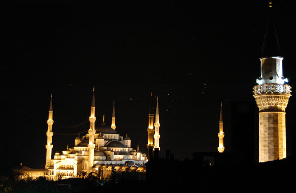 Sultanahmet Mosque (Blue Mosque) at night from the patio of the Hotel Nomade