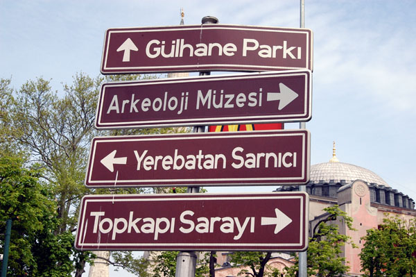 Signs to various tourist sites around Sultanahmet
