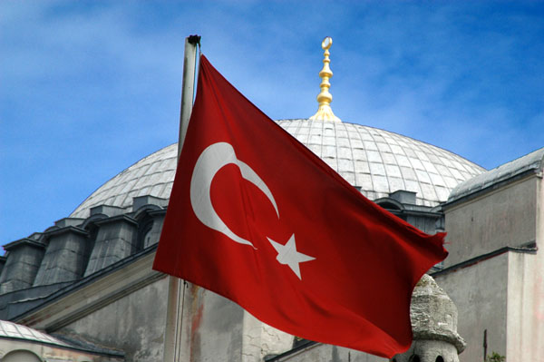Turkish flag with the dome of the Ayasofya, Istanbul