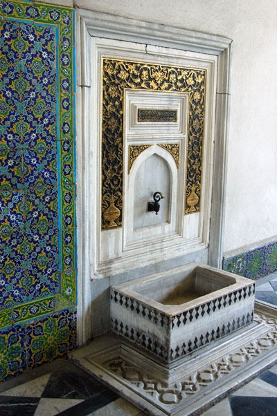 There are many ornate water basins and taps