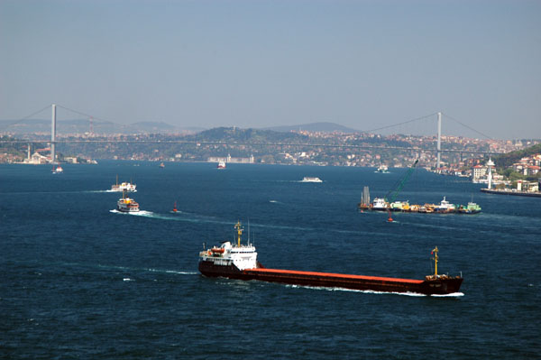 Ship on the Bosphorus with the intercontinental bridge in the distance