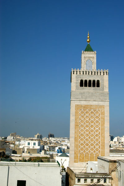 Minaret seen from a terrace above the Palais d'Orient a gift shop in Souk el-Trouk
