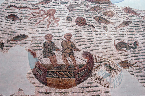 Bountiful sea with fishermen in a small boat, Thuburbo-Majus (Le Fahs) 4-5th C. AD