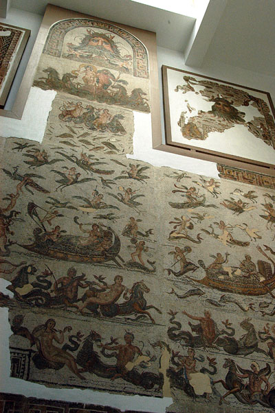 Huge floor to ceiling Utica mosaic of Neptune, Amphitrite and sea monsters