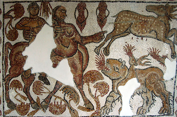 Chiron teaching Achilles the art of the hunt while being attacked by a chimera, Region of Beja, 5-6th C. AD