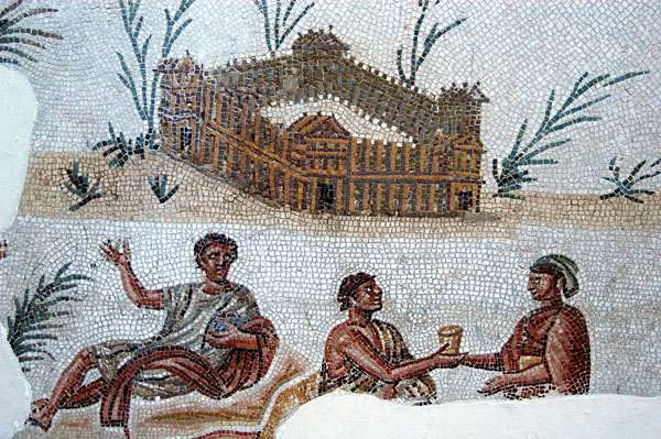 Mosaic of 3 men and a fort