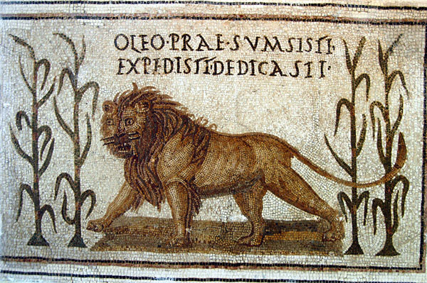 Mosaic lion with a Latin inscription