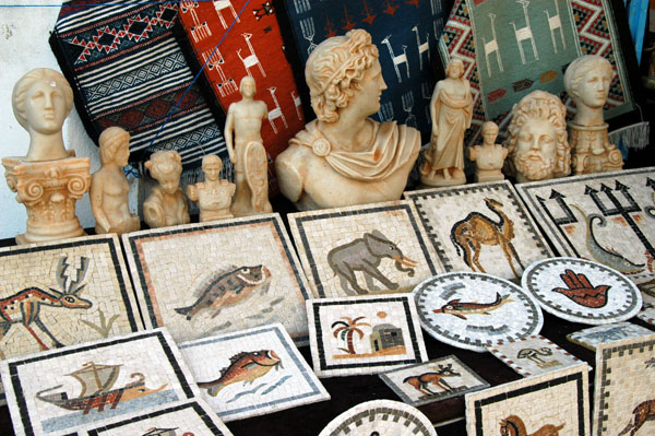 Tourist mosaics and ancient style statue fragments, Sidi Bou Said