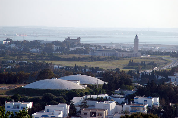 The huge domed structures are water storage I believe, Great Mosque of Carthage and Basilica in the distance