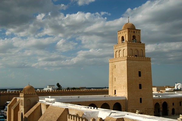 View of the 9th C. minaret of the Great Mosque of Kairouan from an adjacent terrace