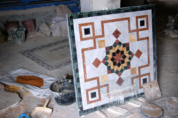 Inlaid stone table top at the factory in El Jem